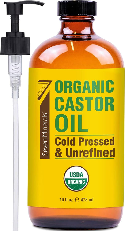 Seven Minerals New (16 fl oz) Glass Bottle Castor Oil Organic Cold Pressed Unrefined Glass Bottle Pack - 100% Pure USDA Certified Organic Hexane Free