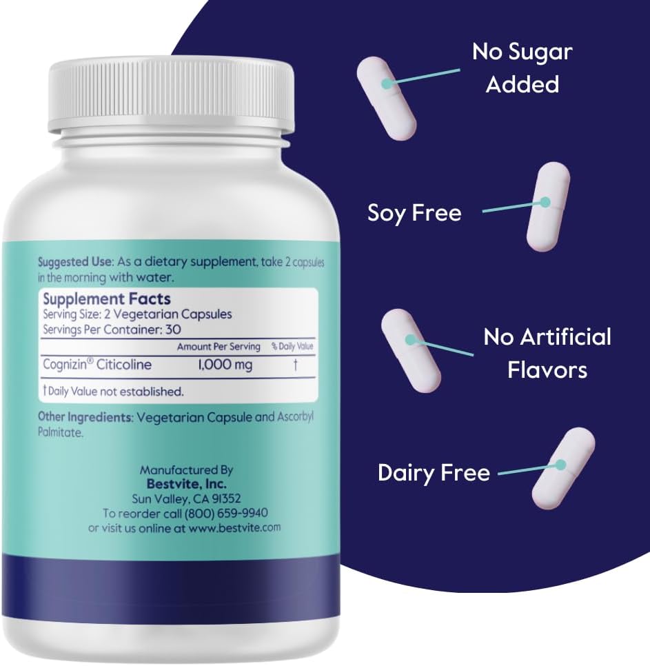 BESTVITE Cognizin Citicoline 500mg (60 Vegetarian Capsules) - Clinically Studied Premium Choline Nootropic - No Stearates - Vegan - Non GMO - Gluten Free - Brain Supplements for Memory and Focus